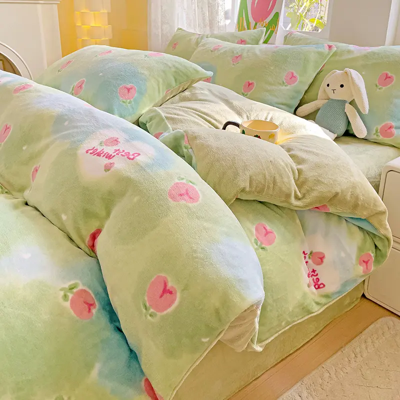 Ins Milk Velvet Bedding Set Thick Double Sided Duvet Cover Warmth Flannel Sheet Pillowcase For Kids Girl Fresh Gift Home Linens