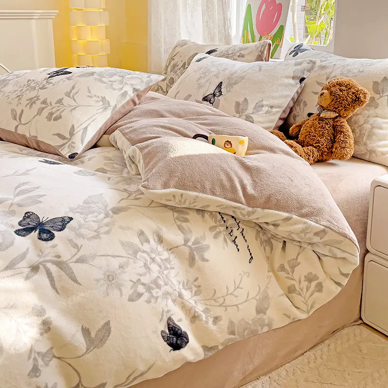 Ins Milk Velvet Bedding Set Thick Double Sided Duvet Cover Warmth Flannel Sheet Pillowcase For Kids Girl Fresh Gift Home Linens