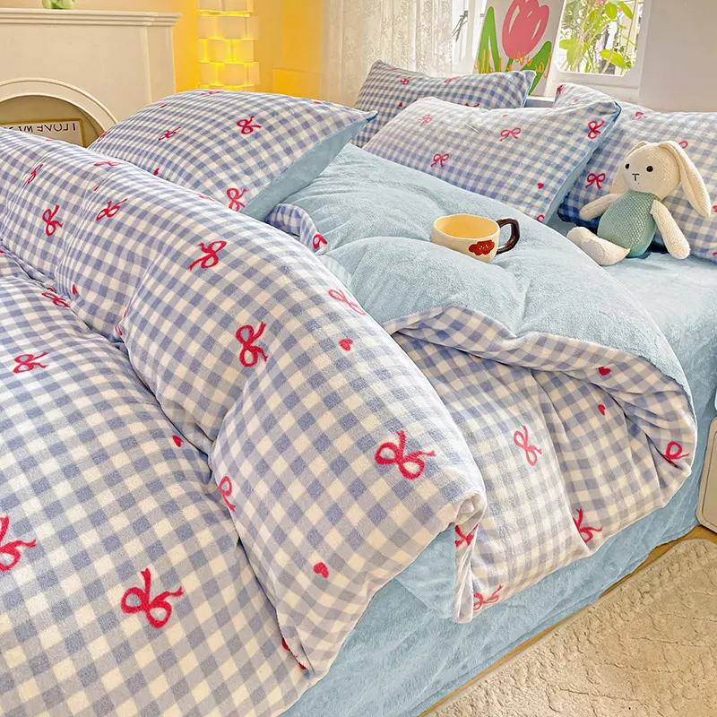 Ins Milk Velvet Bedding Set Thick Double Sided Duvet Cover Warmth Flannel Sheet Pillowcase For Kids Girl Fresh Gift Home Linens