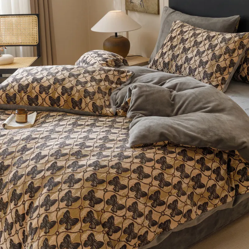 Winter Milk Velvet Bedding Set Carving Floral Duvet Cover Flannel Fleece Bed Linens King Home French Bedclothes Drop Shipping