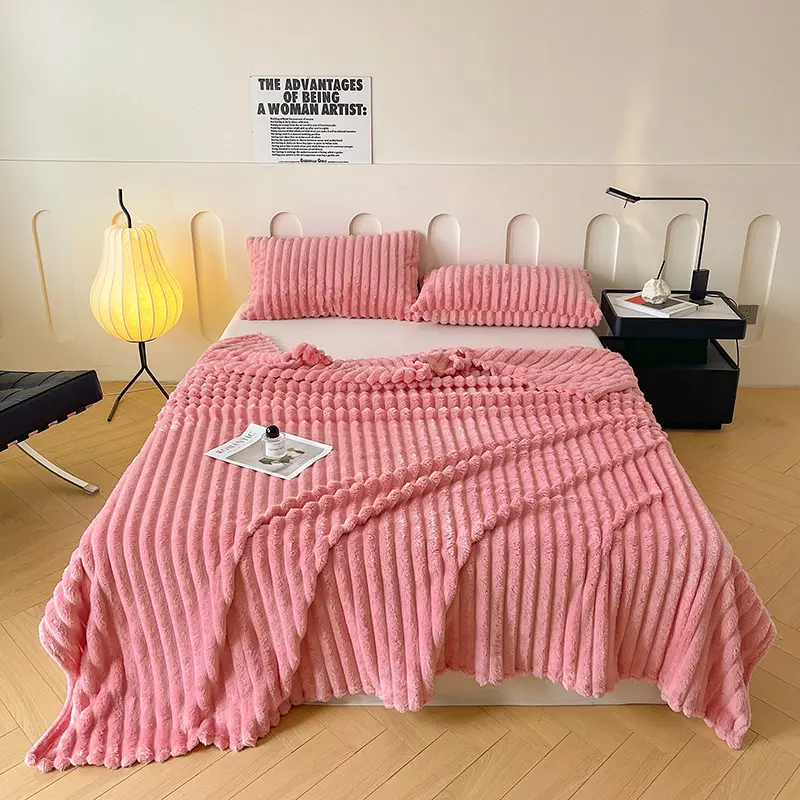 Imitation Rabbit Velvet Blanket,Single Layer Soft Flannel Sofa Bed Cover, Cozy Fleece Striped Bedspread,Home Bedding 150*200cm