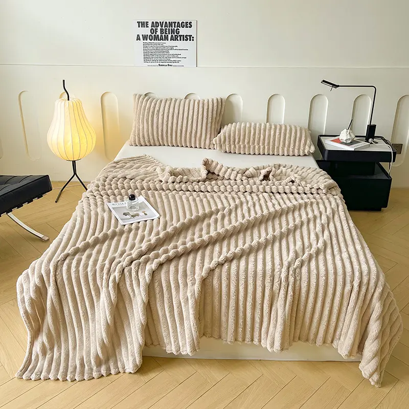 Imitation Rabbit Velvet Blanket,Single Layer Soft Flannel Sofa Bed Cover, Cozy Fleece Striped Bedspread,Home Bedding 150*200cm