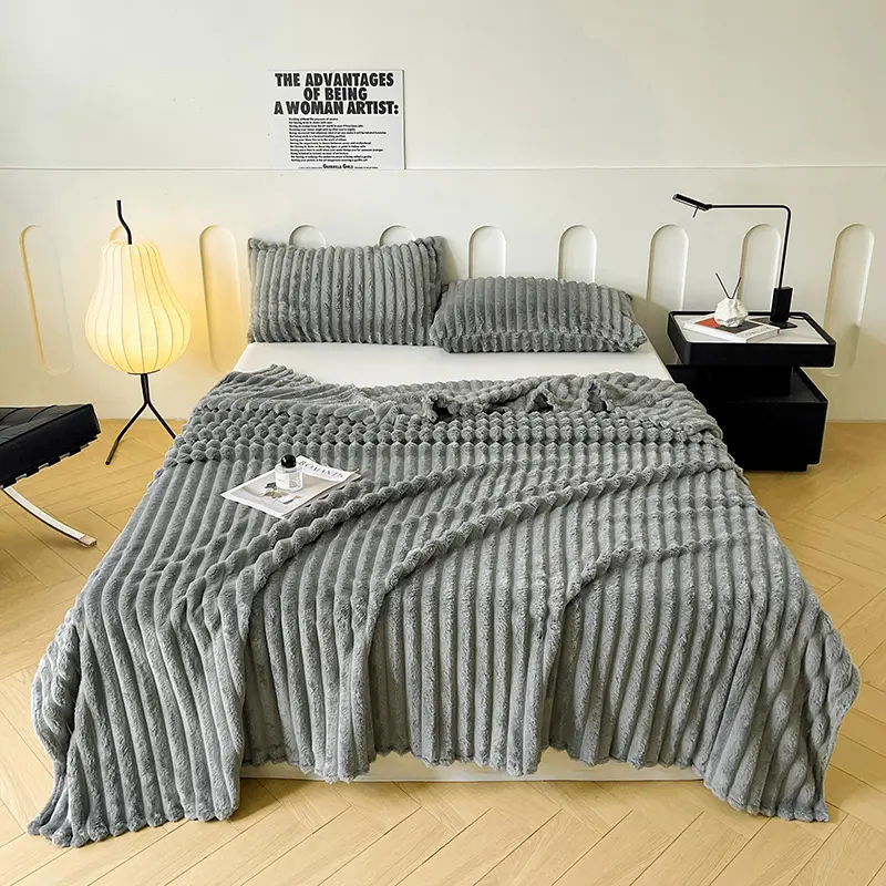 Imitation Rabbit Velvet Blanket,Single Layer Soft Flannel Sofa Bed Cover, Cozy Fleece Striped Bedspread,Home Bedding 150*200cm