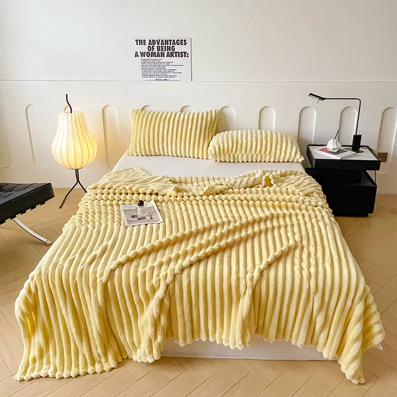 Imitation Rabbit Velvet Blanket,Single Layer Soft Flannel Sofa Bed Cover, Cozy Fleece Striped Bedspread,Home Bedding 150*200cm
