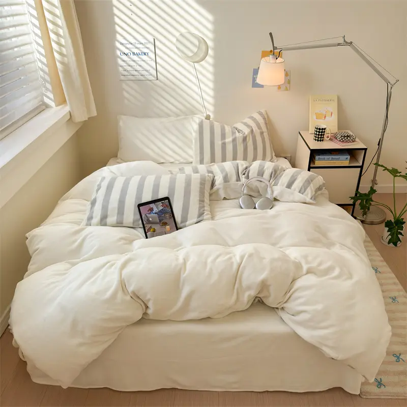 Winter Milk Velvet Bedding Set ,AB Side, Solid Stripe Duvet Cover, Flannel Fleece Bed Linens,Queen King Home Bedclothes 4pcs set