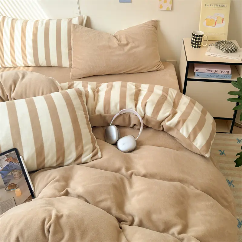 Winter Milk Velvet Bedding Set ,AB Side, Solid Stripe Duvet Cover, Flannel Fleece Bed Linens,Queen King Home Bedclothes 4pcs set