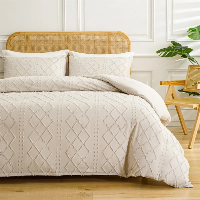 2/3pcs Tufted White Duvet Cover Set,Soft Microfiber Quilt Cover+Pillowcase For All-Seasons Bohe Wedding Double King Bed Set