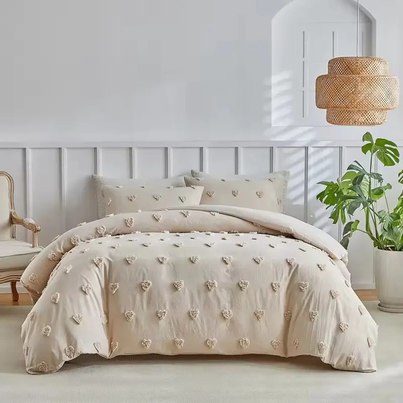 Tufted Love Duvet Cover Set,2/3pcs Polyester Khaki Heart Quilt Cover+Pillowcase,US Single King Bed Linens roupa de cama casal
