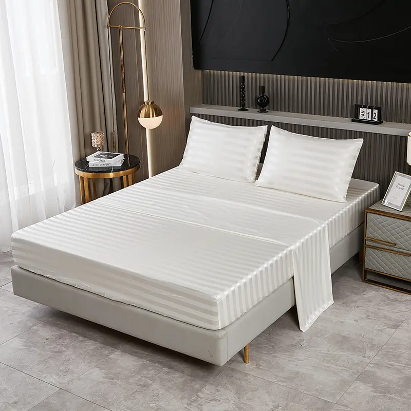 White Stripe Sheet Sets,Silky Satin Flat/Fitted Sheet+Pillowcase,Mattress Cover 153*203cm/270*246 US Home Bedding No Duvet Cover