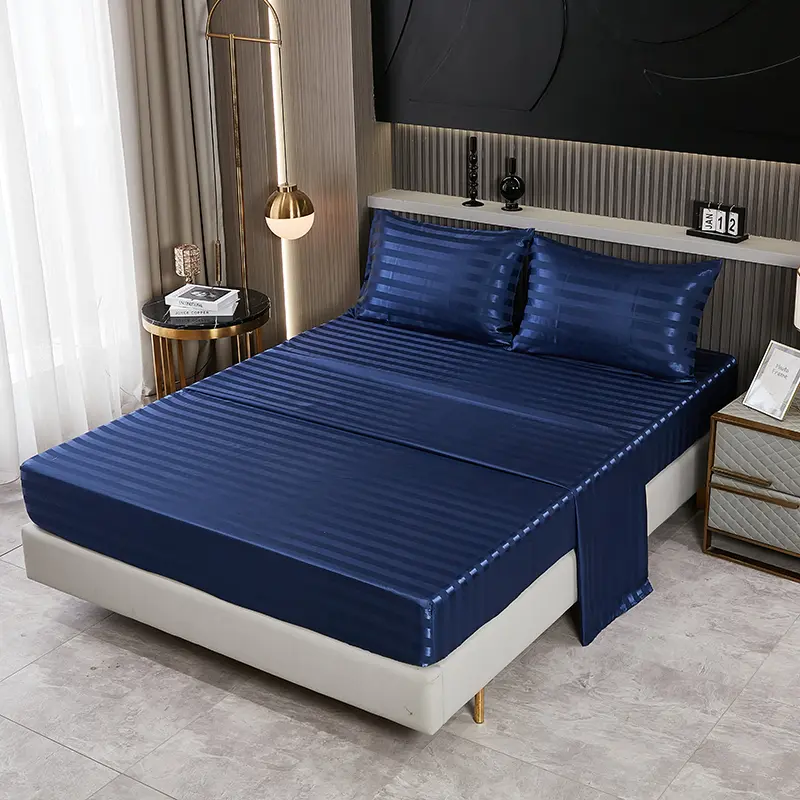 White Stripe Sheet Sets,Silky Satin Flat/Fitted Sheet+Pillowcase,Mattress Cover 153*203cm/270*246 US Home Bedding No Duvet Cover