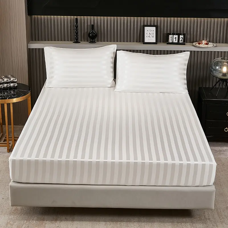White Stripe Sheet Sets,Silky Satin Flat/Fitted Sheet+Pillowcase,Mattress Cover 153*203cm/270*246 US Home Bedding No Duvet Cover