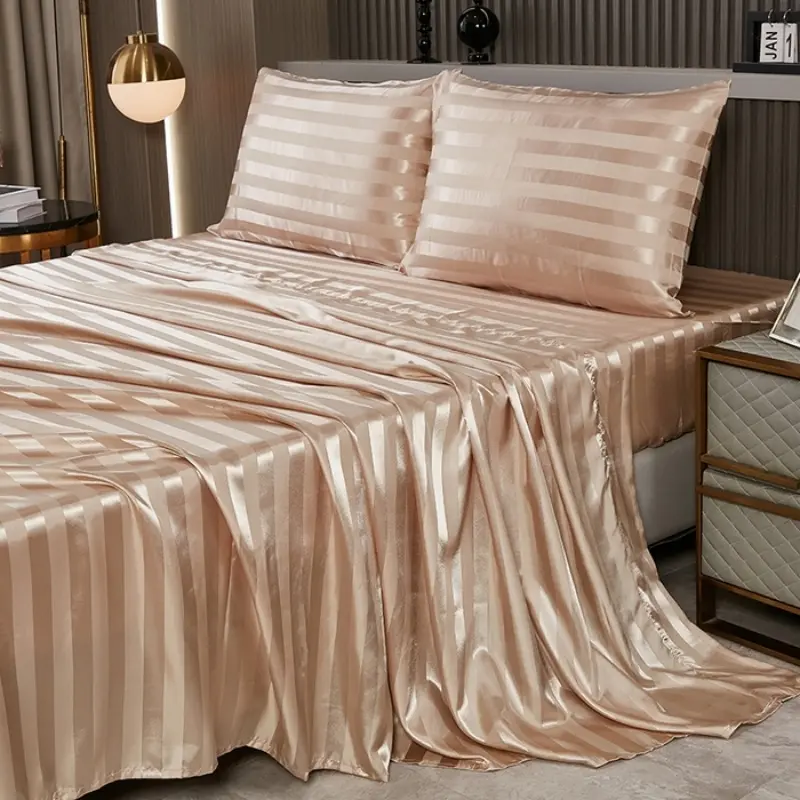 White Stripe Sheet Sets,Silky Satin Flat/Fitted Sheet+Pillowcase,Mattress Cover 153*203cm/270*246 US Home Bedding No Duvet Cover
