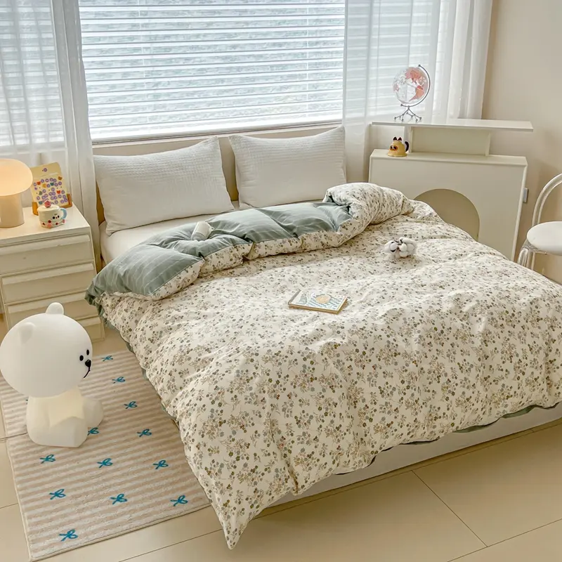 Fresh 100%Cotton AB Side Duvet Cover Or Beding Set,Floral Breathable Adults Kids Home Linens for Summer Spring Autumn, 1/3/4pcs