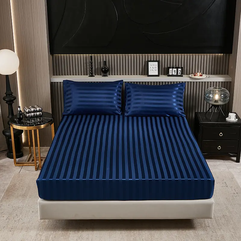 White Stripe Sheet Sets,Silky Satin Flat/Fitted Sheet+Pillowcase,Mattress Cover 153*203cm/270*246 US Home Bedding No Duvet Cover