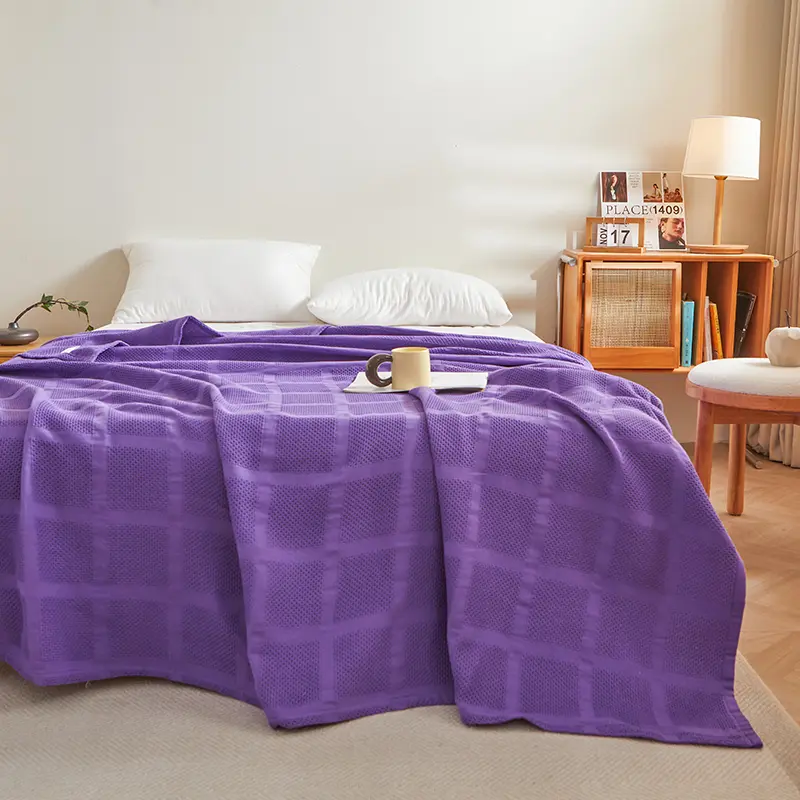 Pure Cotton Throw Blanket,Honeycomb Grid,Solid Summer Quilt,Breathable Nap Blankets,Blue Bed Sheet for Adult Kid baby 150*200cm