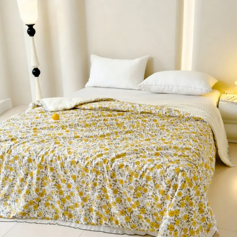 Korean Floral Summer Comforter ,Washed Cotton Thin Air Conditioner quilt,Fresh Ruffle Side Blanket For Kids Adults,Home Bedding