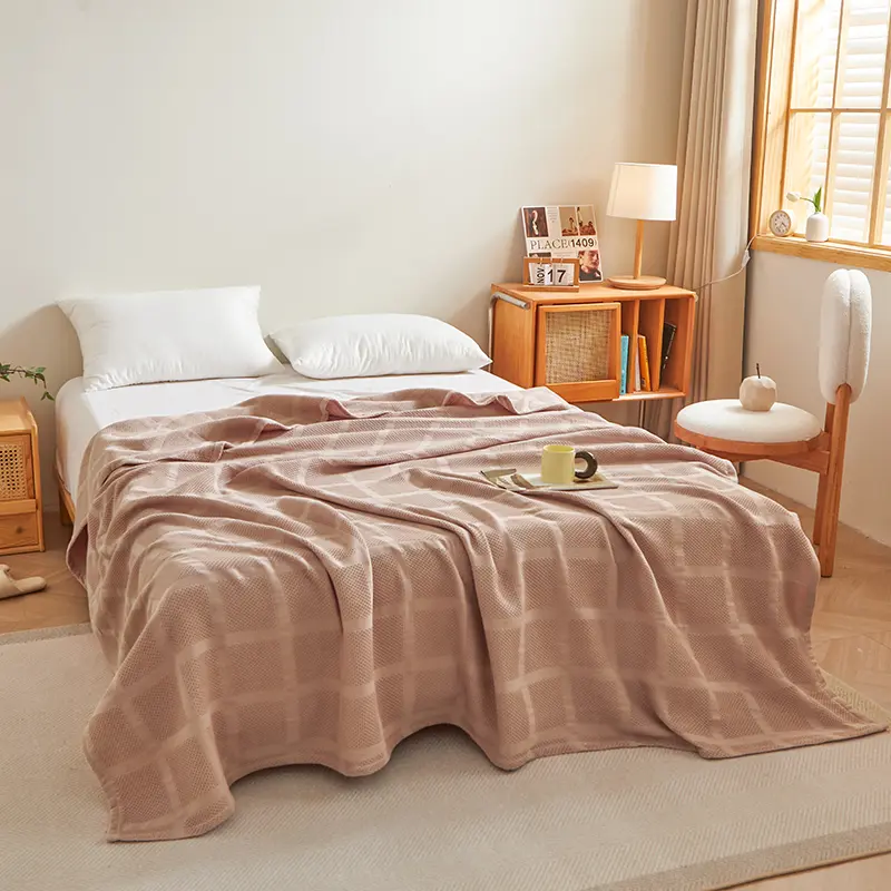 Pure Cotton Throw Blanket,Honeycomb Grid,Solid Summer Quilt,Breathable Nap Blankets,Blue Bed Sheet for Adult Kid baby 150*200cm