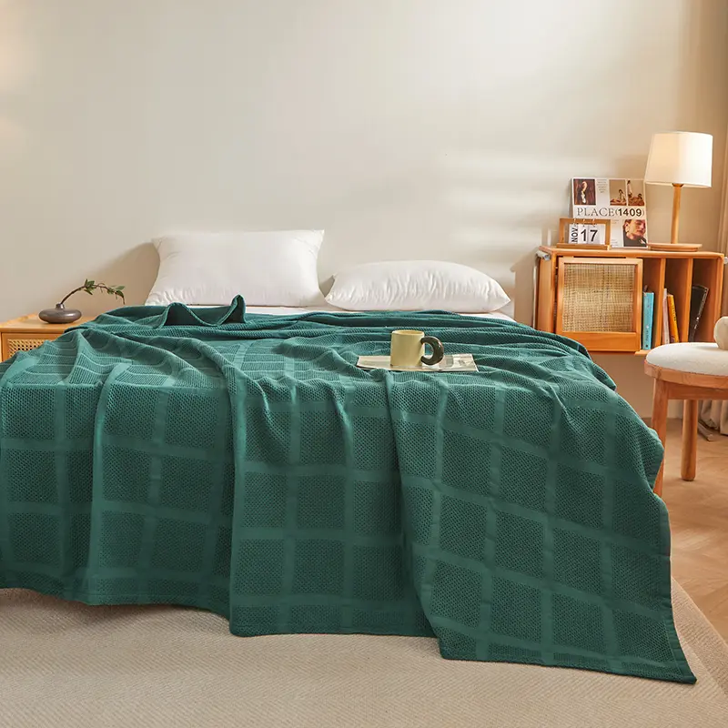Pure Cotton Throw Blanket,Honeycomb Grid,Solid Summer Quilt,Breathable Nap Blankets,Blue Bed Sheet for Adult Kid baby 150*200cm