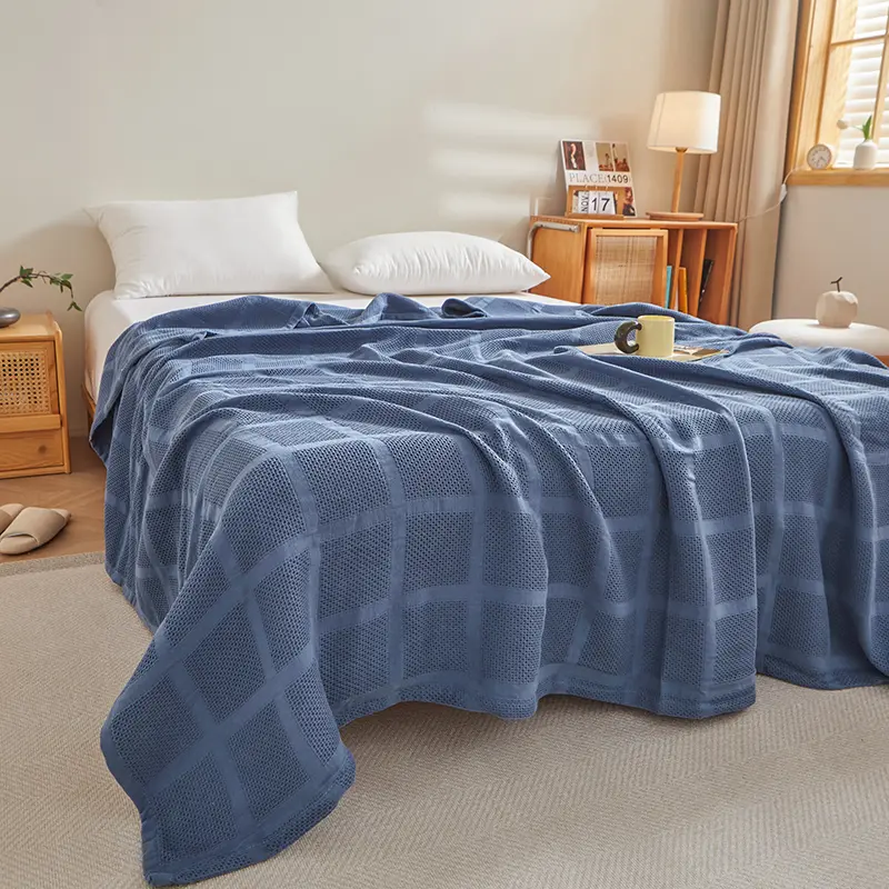 Pure Cotton Throw Blanket,Honeycomb Grid,Solid Summer Quilt,Breathable Nap Blankets,Blue Bed Sheet for Adult Kid baby 150*200cm