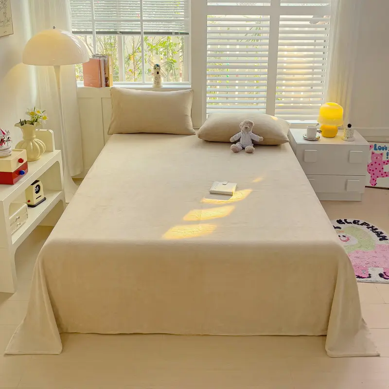 Milk Velvet Flat Sheet With Pillowcase Set,Solid Flannel Bed Linens,Beige Bedspread,Home Hotel Single Double Bedding 230*250cm