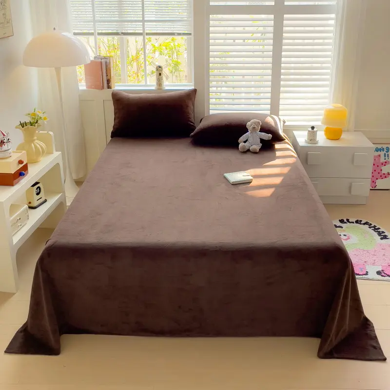 Milk Velvet Flat Sheet With Pillowcase Set,Solid Flannel Bed Linens,Beige Bedspread,Home Hotel Single Double Bedding 230*250cm