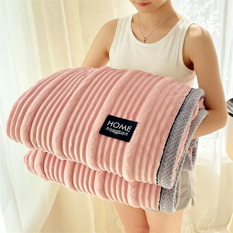 Imitation Rabbit Velvet Blanket Striped Fluffy Sofa Throw Bed Cover Soft Home Bed Officer Nap Blankets Summer Quilt Drop Shiping