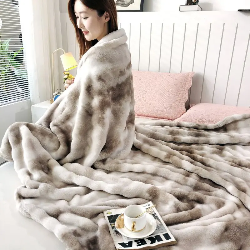Luxury Colorful Faux fur fluffy Blanket Art Dyeing Imitation Rabbit Velvet Sofa Bed Cover For Autumn Winter Home Decor 150*200cm