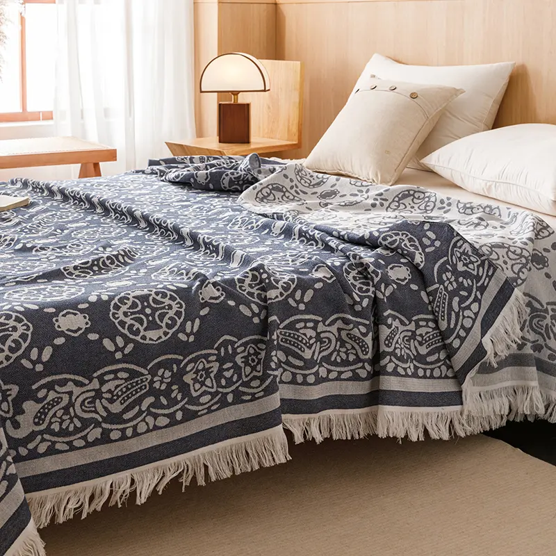 1pc 100%Cotton Double Layer Gauze Throw Blanket With Tassel,Blue Air-condition Comforter Home Sofa Bed Decor Cover 150*200cm