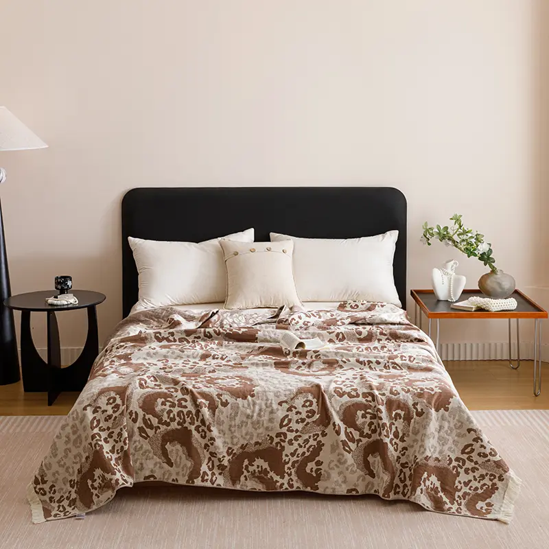 Breathable Pure CottonThrow Blanket,Jacquard Tassel Towel BlanketsFor Sofa Home Decor,Leopard Adult Summer Quilt, Drop Shipping
