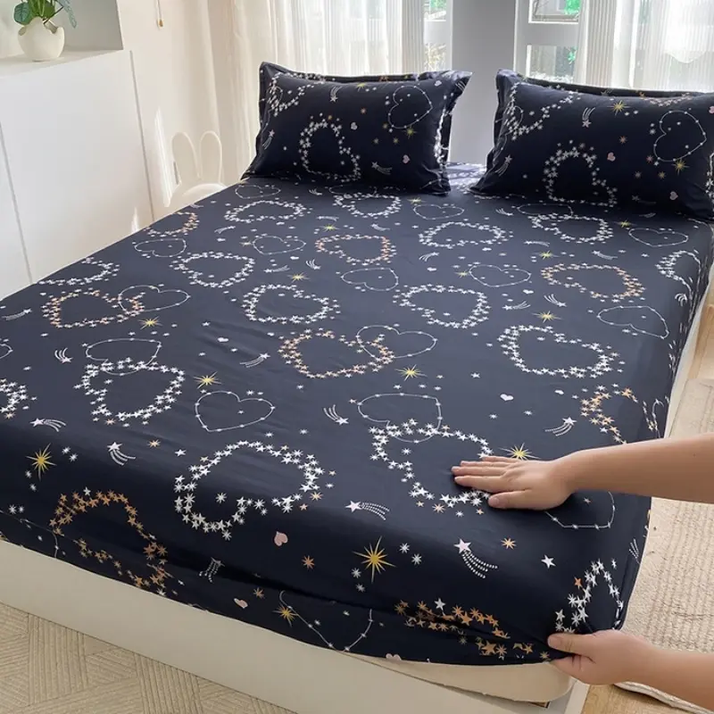 3pcs Sheet Set,Polyester Love Star Fitted Sheet with Elastic Band Around Mattress Protector Cover Home Bedding Drop Shipping