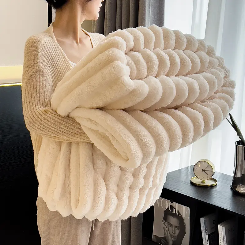 Artificial Rabbit Velvet Blanket For Four Season,Soft Bed Sheet Cover Sofa Nap Blankets,Solid Stripe Home Bedding 150*200cm