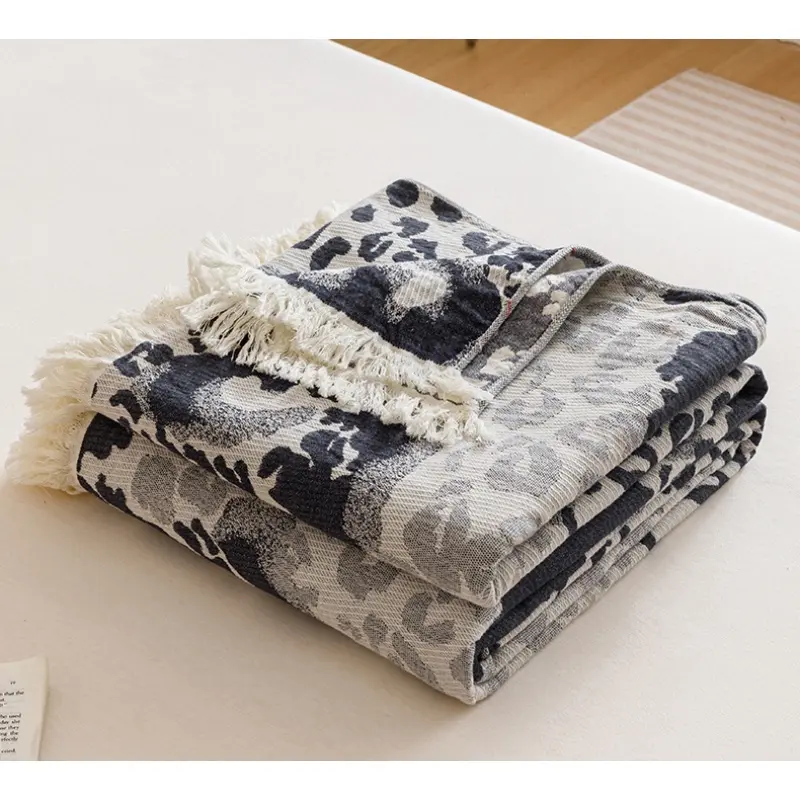 Breathable Pure CottonThrow Blanket,Jacquard Tassel Towel BlanketsFor Sofa Home Decor,Leopard Adult Summer Quilt, Drop Shipping