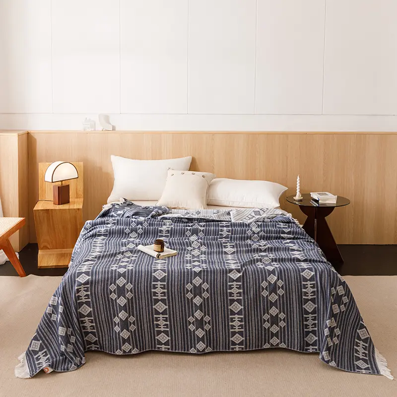1pc 100%Cotton Double Layer Gauze Throw Blanket With Tassel,Blue Air-condition Comforter Home Sofa Bed Decor Cover 150*200cm
