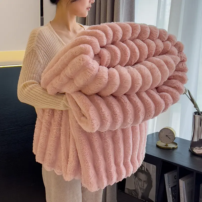 Artificial Rabbit Velvet Blanket For Four Season,Soft Bed Sheet Cover Sofa Nap Blankets,Solid Stripe Home Bedding 150*200cm