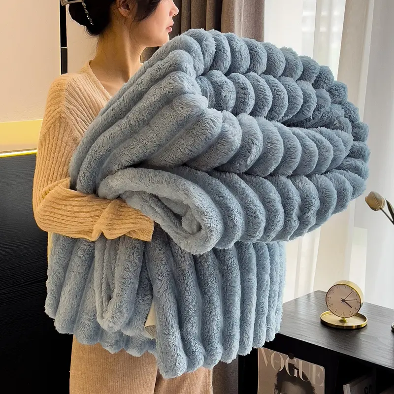 Artificial Rabbit Velvet Blanket For Four Season,Soft Bed Sheet Cover Sofa Nap Blankets,Solid Stripe Home Bedding 150*200cm