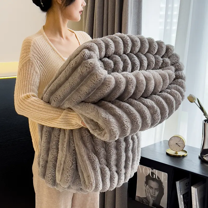 Artificial Rabbit Velvet Blanket For Four Season,Soft Bed Sheet Cover Sofa Nap Blankets,Solid Stripe Home Bedding 150*200cm