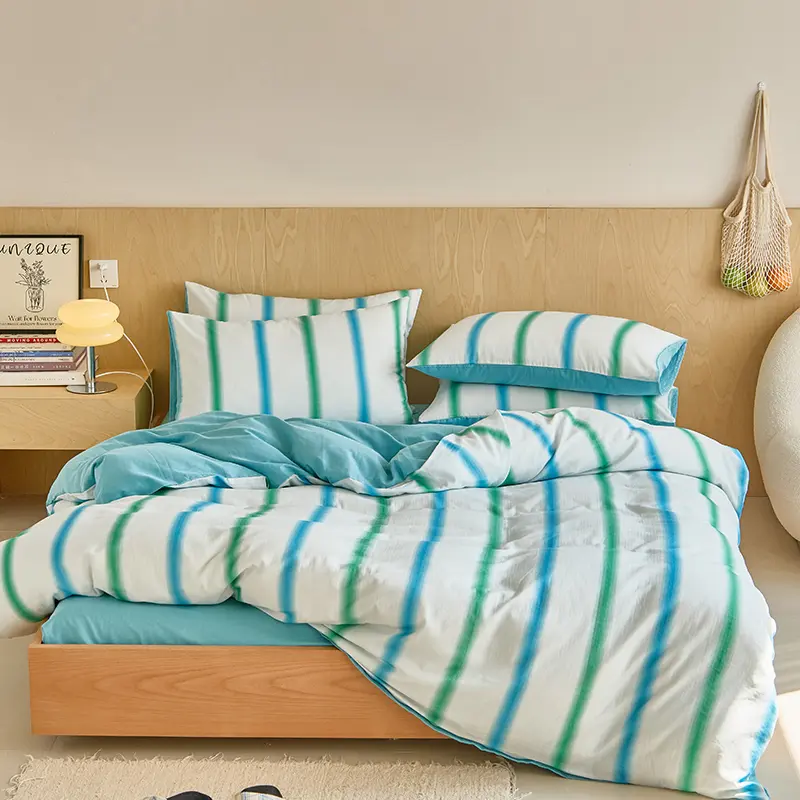 100%Cotton Gauze Bedding Set Duvet Cover+Sheet+Pillowcase Modern Stripe Summer Breathable Bedclothes Twin King Drop Shipping