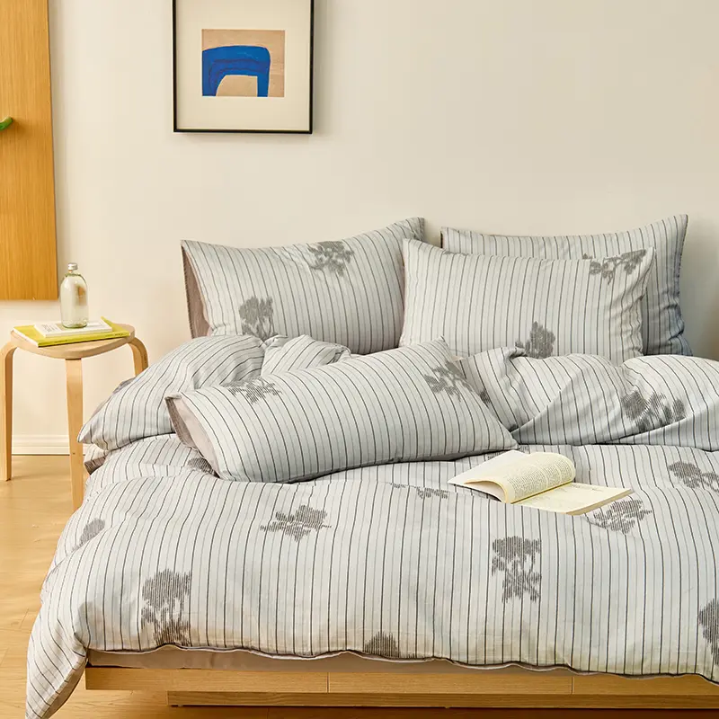 100%Cotton Gauze Bedding Set Duvet Cover+Sheet+Pillowcase Modern Stripe Summer Breathable Bedclothes Twin King Drop Shipping
