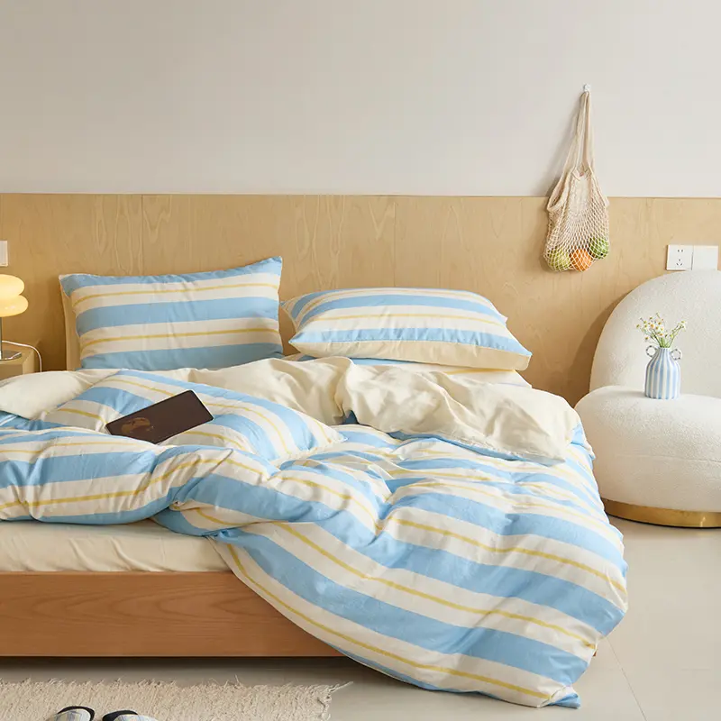 100%Cotton Gauze Bedding Set Duvet Cover+Sheet+Pillowcase Modern Stripe Summer Breathable Bedclothes Twin King Drop Shipping