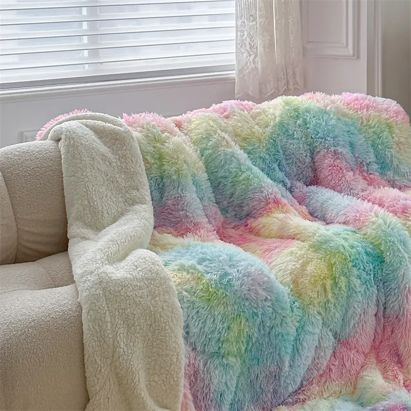 Dyed Long Hair Duvet Cashmere Thicken Winter Blanket Warm Mink Hair Fat Comforter 4-5cm Long Hair Bedding Home Linen Colorful