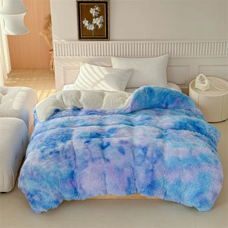 Dyed Long Hair Duvet Cashmere Thicken Winter Blanket Warm Mink Hair Fat Comforter 4-5cm Long Hair Bedding Home Linen Colorful