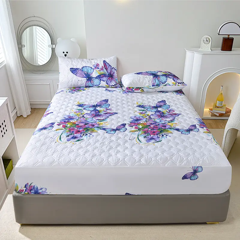 Quilted Fitted Sheet with Elastic Band,Heart Mattress Cover,Gold Floral Mattress Protector for Single Double Bed Drop Shipping