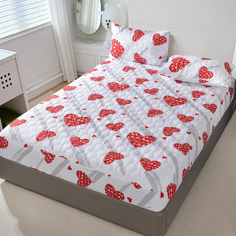 Quilted Fitted Sheet with Elastic Band,Heart Mattress Cover,Gold Floral Mattress Protector for Single Double Bed Drop Shipping