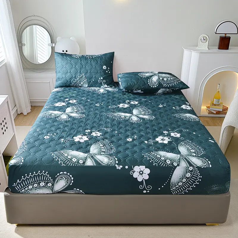 Quilted Fitted Sheet with Elastic Band,Heart Mattress Cover,Gold Floral Mattress Protector for Single Double Bed Drop Shipping