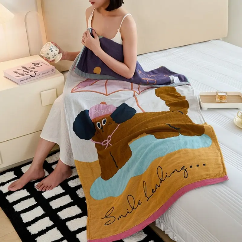 A Type Multi Use Bath Towel,Cartoon Animal 100%Cotton Gauze Beach Towels,Little Child Baby Wrap Blanekts,Summer Quilt 75*160cm
