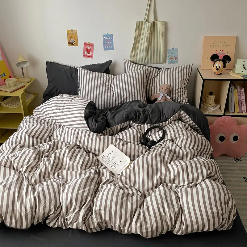 Stripe Bedding Set,Washed Cotton Duvet/Comforter Cover,Green Quilt Bag,Solid Sheet,Pillowcase,King Twin Four Season Home Bedding