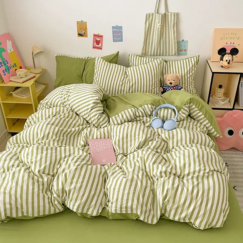 Stripe Bedding Set,Washed Cotton Duvet/Comforter Cover,Green Quilt Bag,Solid Sheet,Pillowcase,King Twin Four Season Home Bedding