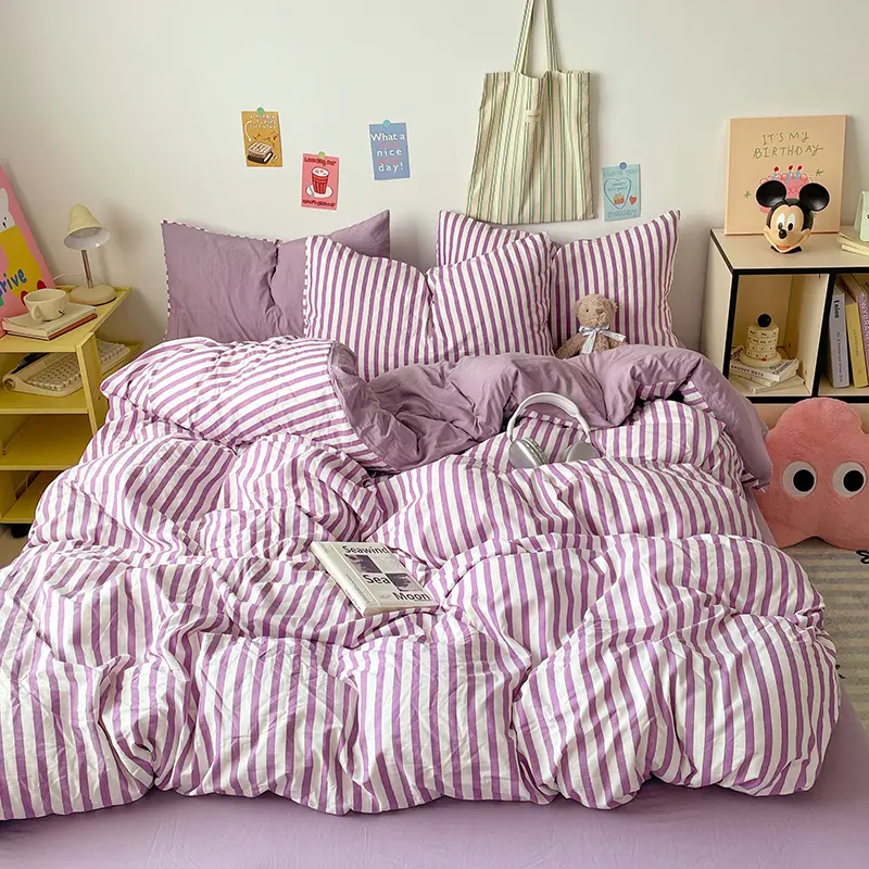 Stripe Bedding Set,Washed Cotton Duvet/Comforter Cover,Green Quilt Bag,Solid Sheet,Pillowcase,King Twin Four Season Home Bedding