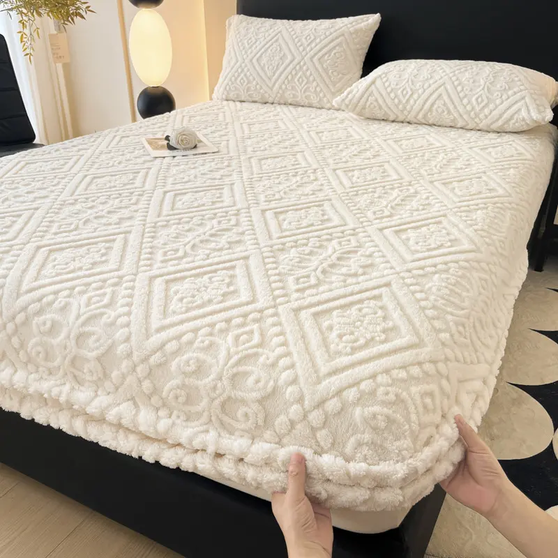 3D Embossed Velvet Bed Cover, Fleece Velvet Mattress Covers,Warmth Bedsheet, European Fitted Sheet, Home Mattress Protector, 1Pc