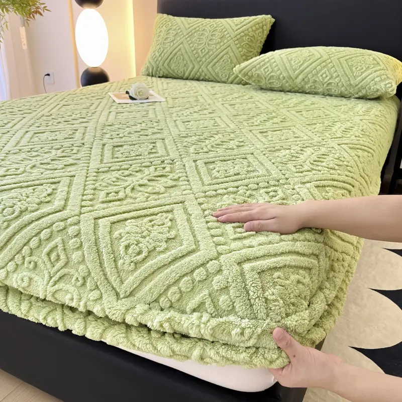 3D Embossed Velvet Bed Cover, Fleece Velvet Mattress Covers,Warmth Bedsheet, European Fitted Sheet, Home Mattress Protector, 1Pc